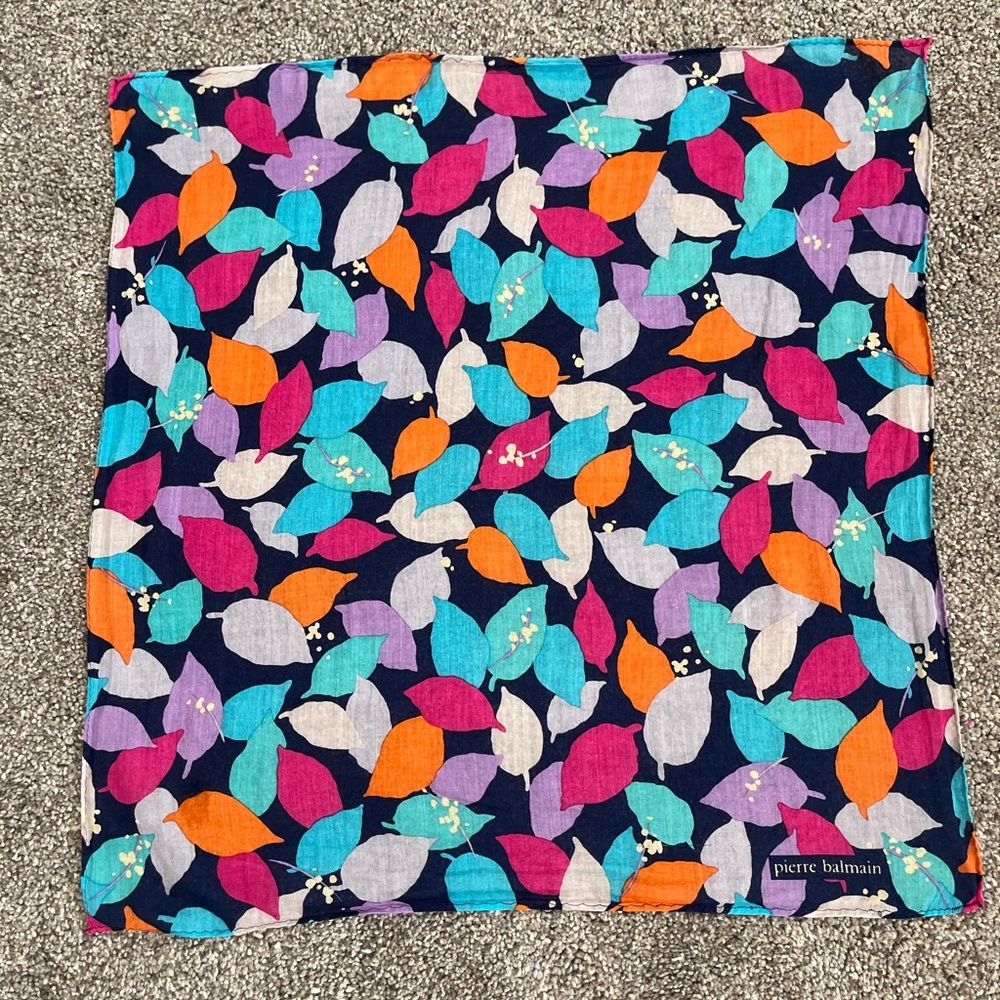 Pierre Balmain colorful blue pink orange leaves handkerchief pocket square